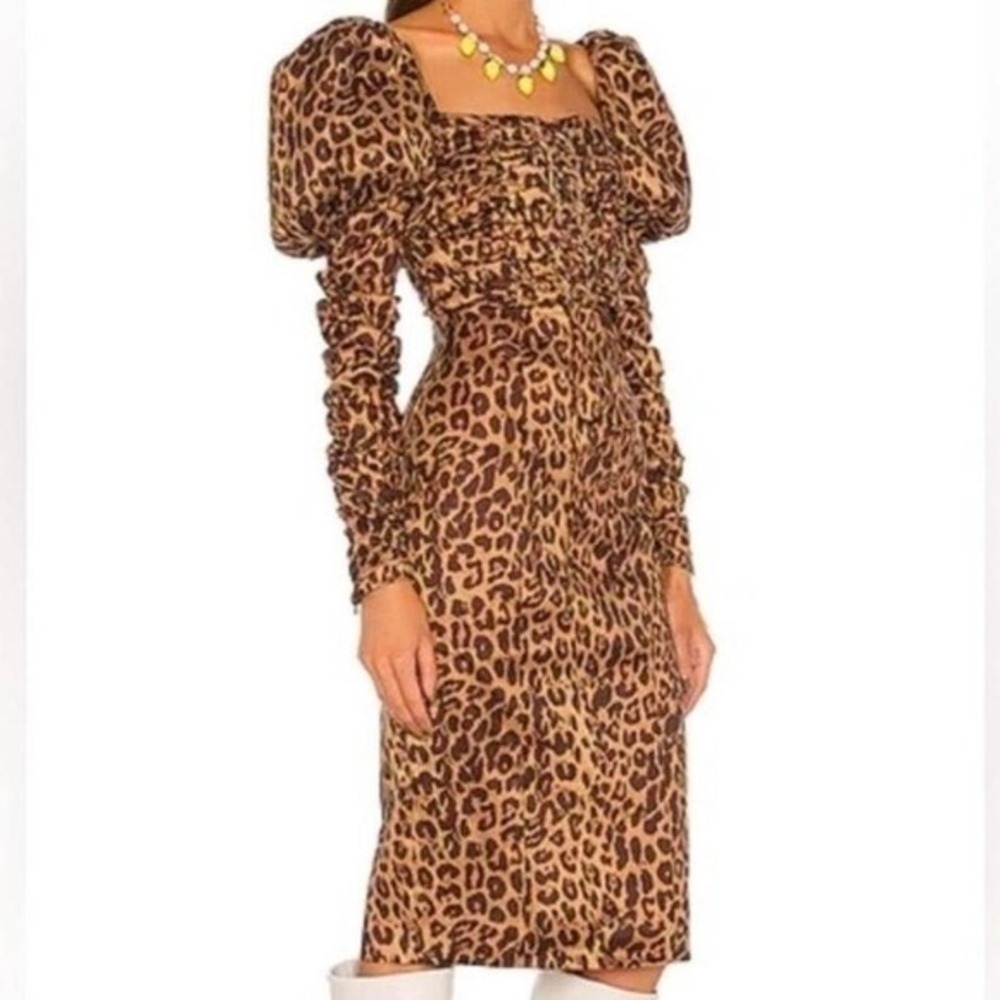 LPA Lucianna Leopard Ruched Midi Dress Puff Sleeve Square Neck Abana Bodycon XS
